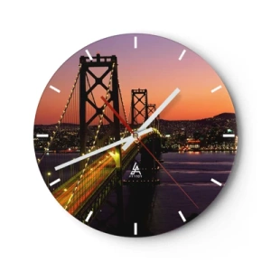 Relógio de parede - Relógio em vidro - Uma ponte iluminada por luzes durante o pôr do sol - 30x30cm - Noite em roxo - Decoração de parede moderna para a sala de estar, cozinha e quarto ARTTOR