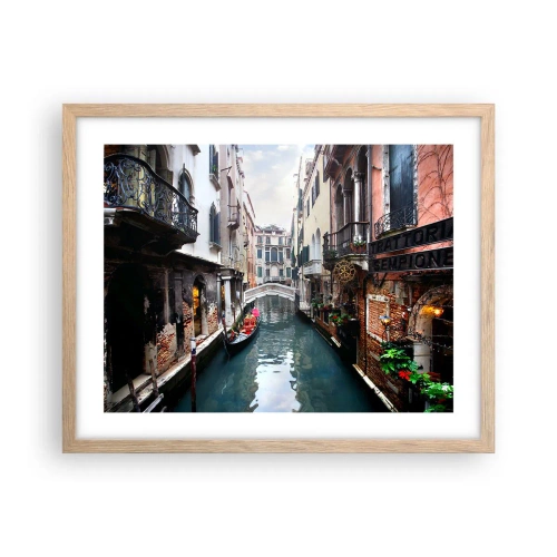 Pôster com moldura de carvalho claro - Paisagem veneziana com gôndola e ponte - 50x40 cm