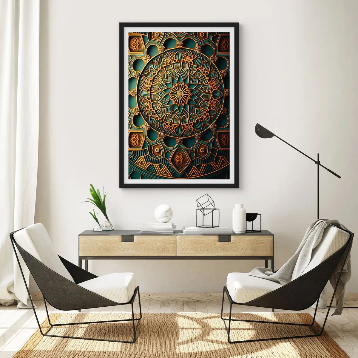 Pôster com moldura preta - Mandala dourada sobre fundo escuro - 50x70cm - Em uma atmosfera árabe - Decoração de parede moderna para a sala de estar e quarto ARTTOR