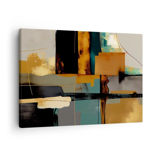 Quadro em tela - Composição abstrata com elementos dourados e turquesa - 70x50cm - Abstração – luz e sombra - Decoração de parede moderna para a sala de estar e quarto ARTTOR