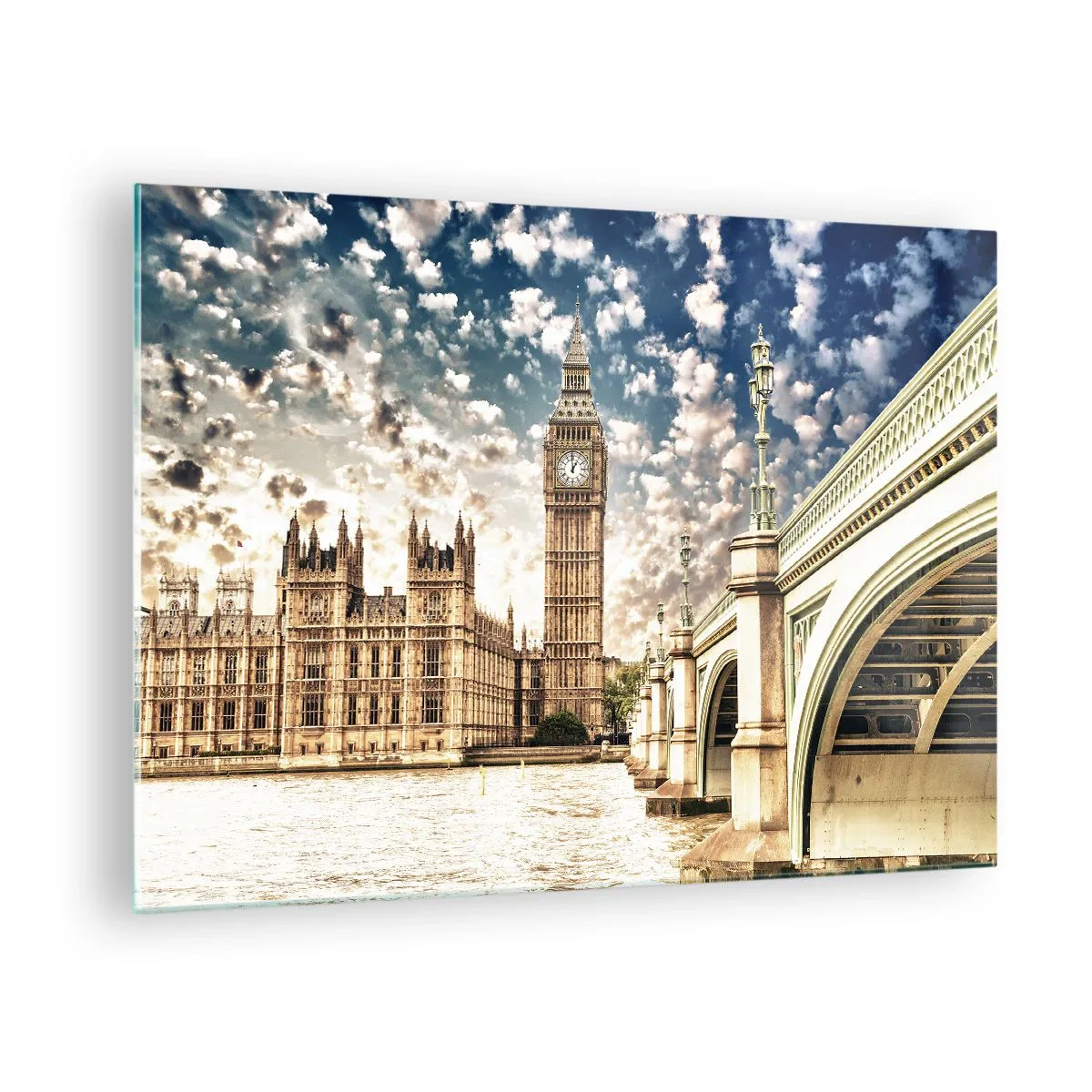 Quadro em vidro - Big Ben e Ponte de Westminster em Londres - 70x50cm - Nuvens emplumadas sobre o Tamisa - Decoração de parede moderna para a sala de estar e quarto ARTTOR