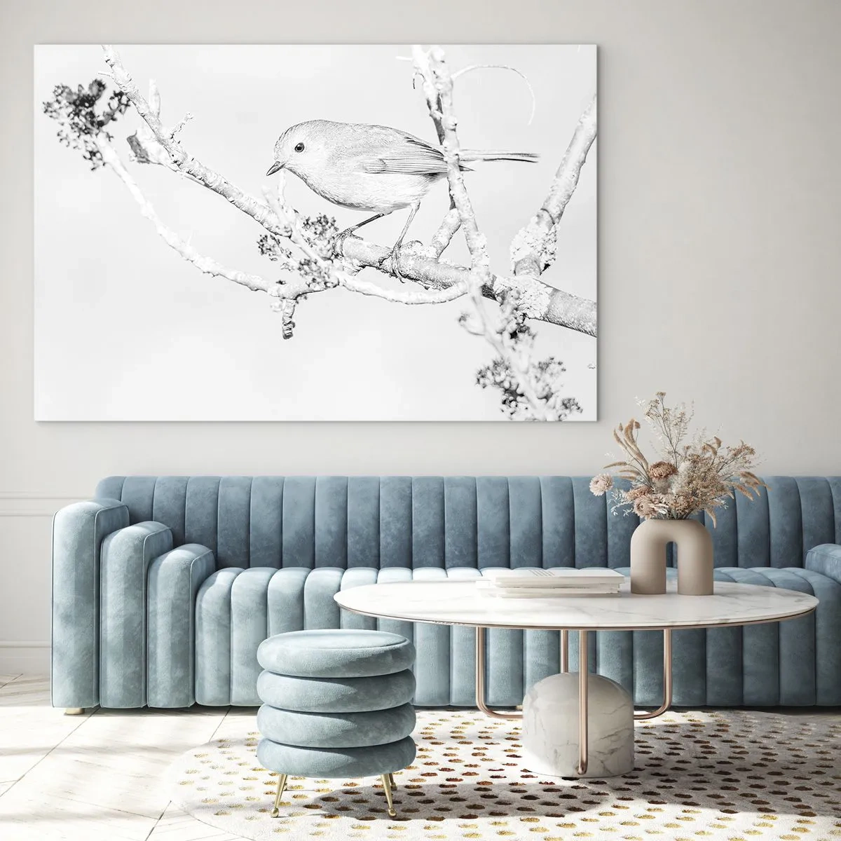 Quadro em vidro - Um pássaro pousado em um galho em uma cena monocromática de inverno. - 70x50cm - Manhã de inverno - Decoração de parede moderna para a sala de estar e quarto ARTTOR