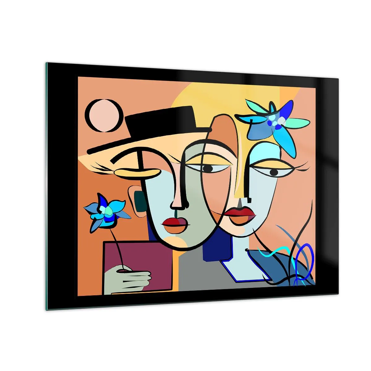 Quadro em vidro - Rostos coloridos em estilo cubista com flores - 70x50cm - O randez vous de Picasso - Decoração de parede moderna para a sala de estar e quarto ARTTOR