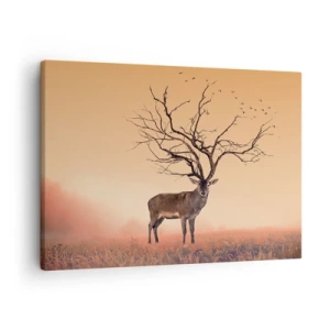 Quadro em tela - Um gráfico de veado sofisticado com galhos em vez de chifres - 70x50cm - Cervo - o espírito eterno da floresta - Decoração de parede moderna para a sala de estar e quarto ARTTOR