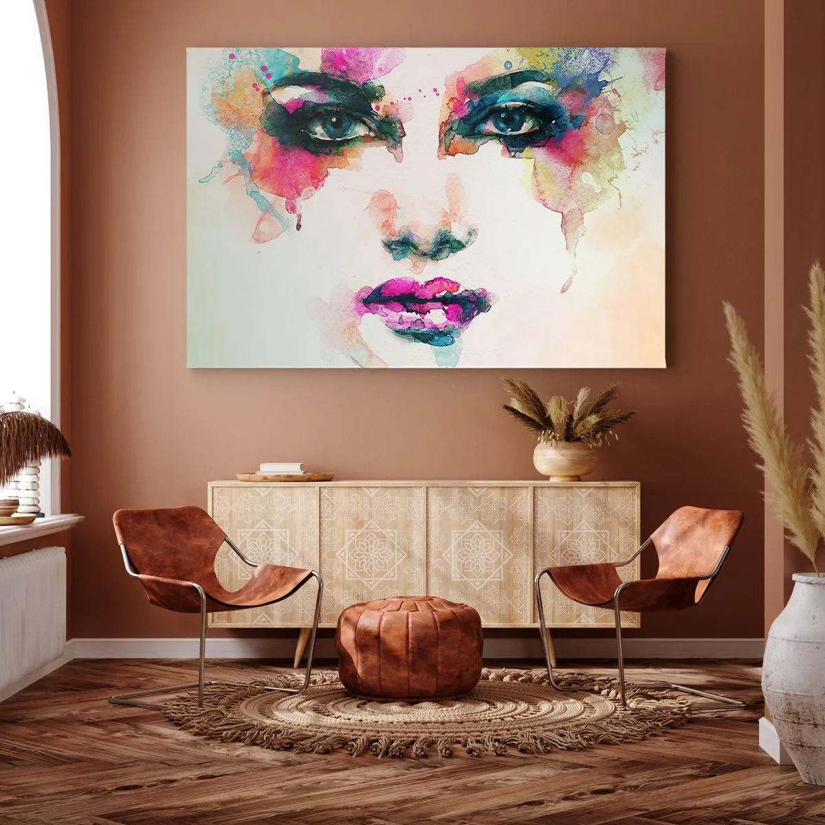 Quadro em tela - Retrato abstrato de uma mulher em cores intensas - 70x50cm - Retrato pintado com o arco-íris - Decoração de parede moderna para a sala de estar e quarto ARTTOR