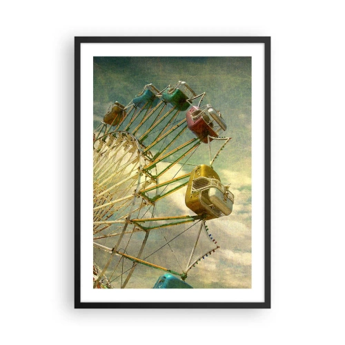 Pôster com moldura preta - Roda gigante retrô com nuvens ao fundo em estilo vintage - 50x70cm - Será divertido… - Decoração de parede moderna para a sala de estar e quarto ARTTOR