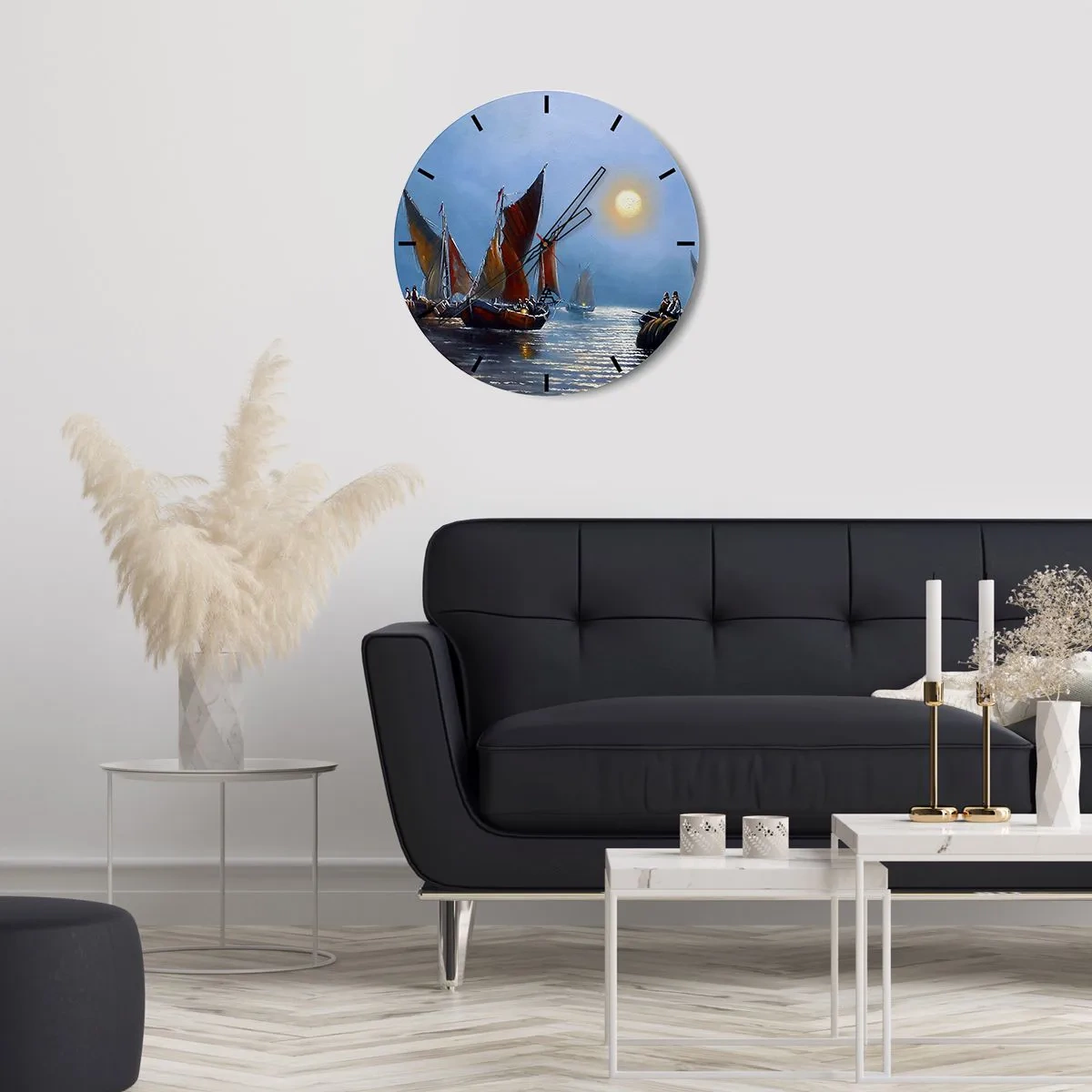 Relógio de parede - Relógio em vidro - Veleiros na água ao luar - 30x30cm - Pesca noturna - Decoração de parede moderna para a sala de estar, cozinha e quarto ARTTOR