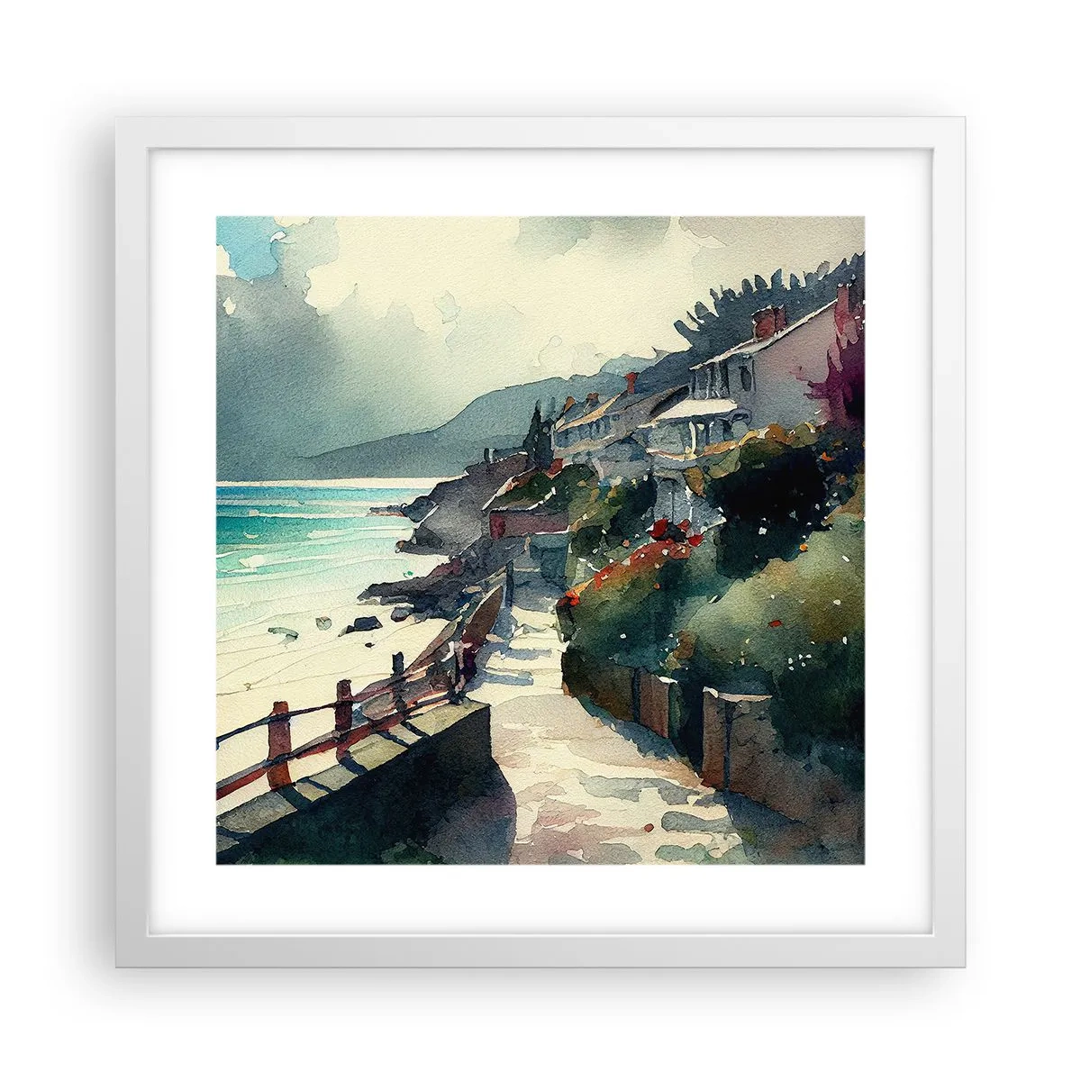 Pôster em moldura branca - Cidade mediterrânea - 40x40 cm
