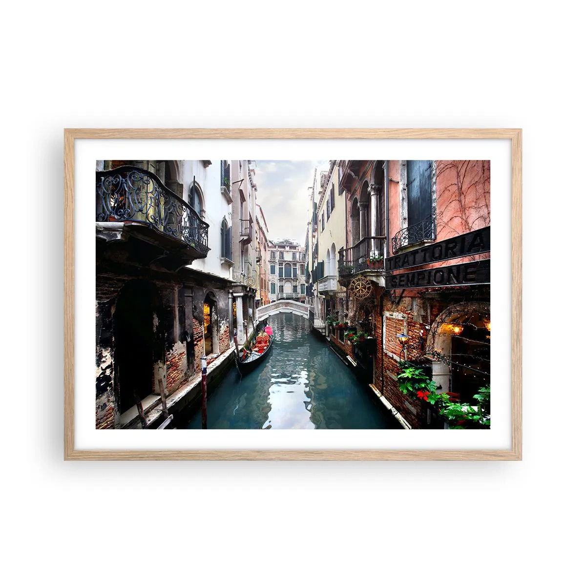 Pôster com moldura de carvalho claro - Paisagem veneziana com gôndola e ponte - 70x50 cm
