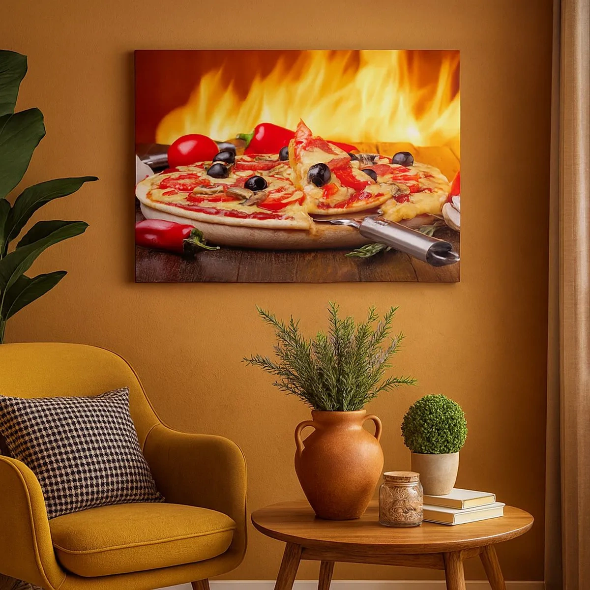 Quadro em tela - Pizza com azeitonas, tomates e pimentões em um fundo de chamas - 70x50cm - From Italy with love - Decoração de parede moderna para a sala de estar e quarto ARTTOR