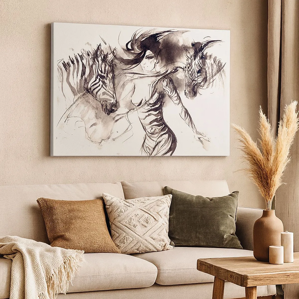 Quadro em tela - Uma mulher em uma dança dinâmica com zebras em uma estética em preto e branco - 70x50cm - Dançando com as zebras - Decoração de parede moderna para a sala de estar e quarto ARTTOR