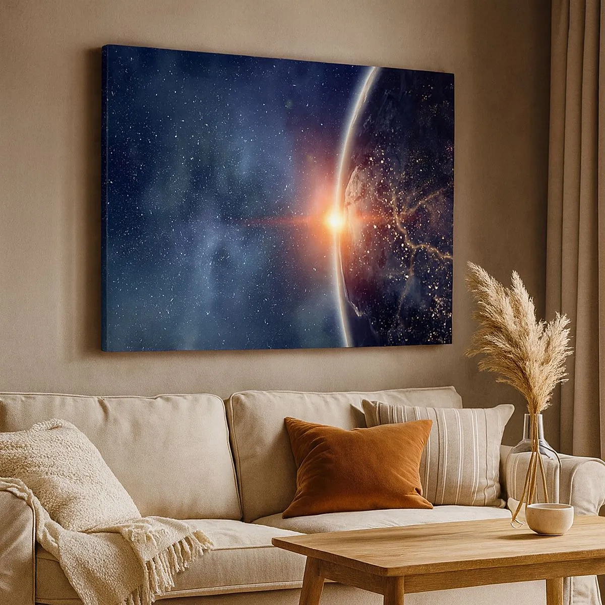 Quadro em tela - Terra vista do espaço com o sol nascente - 70x50cm - Numa nova perspetiva - Decoração de parede moderna para a sala de estar e quarto ARTTOR