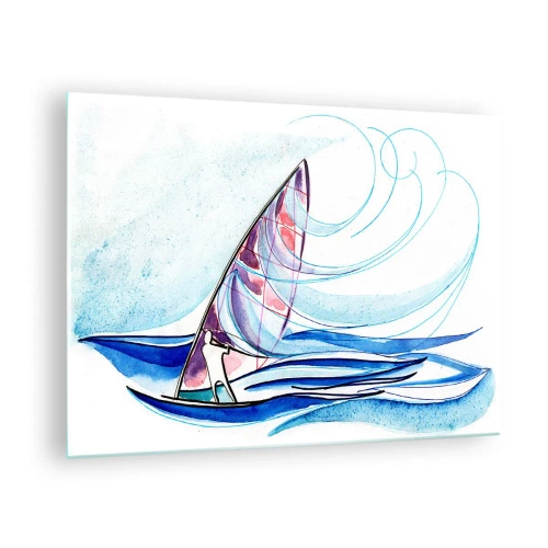 Quadro em vidro - Um veleiro nas ondas em estilo aquarela - 70x50cm - Com o vento no ritmo das ondas - Decoração de parede moderna para a sala de estar e quarto ARTTOR