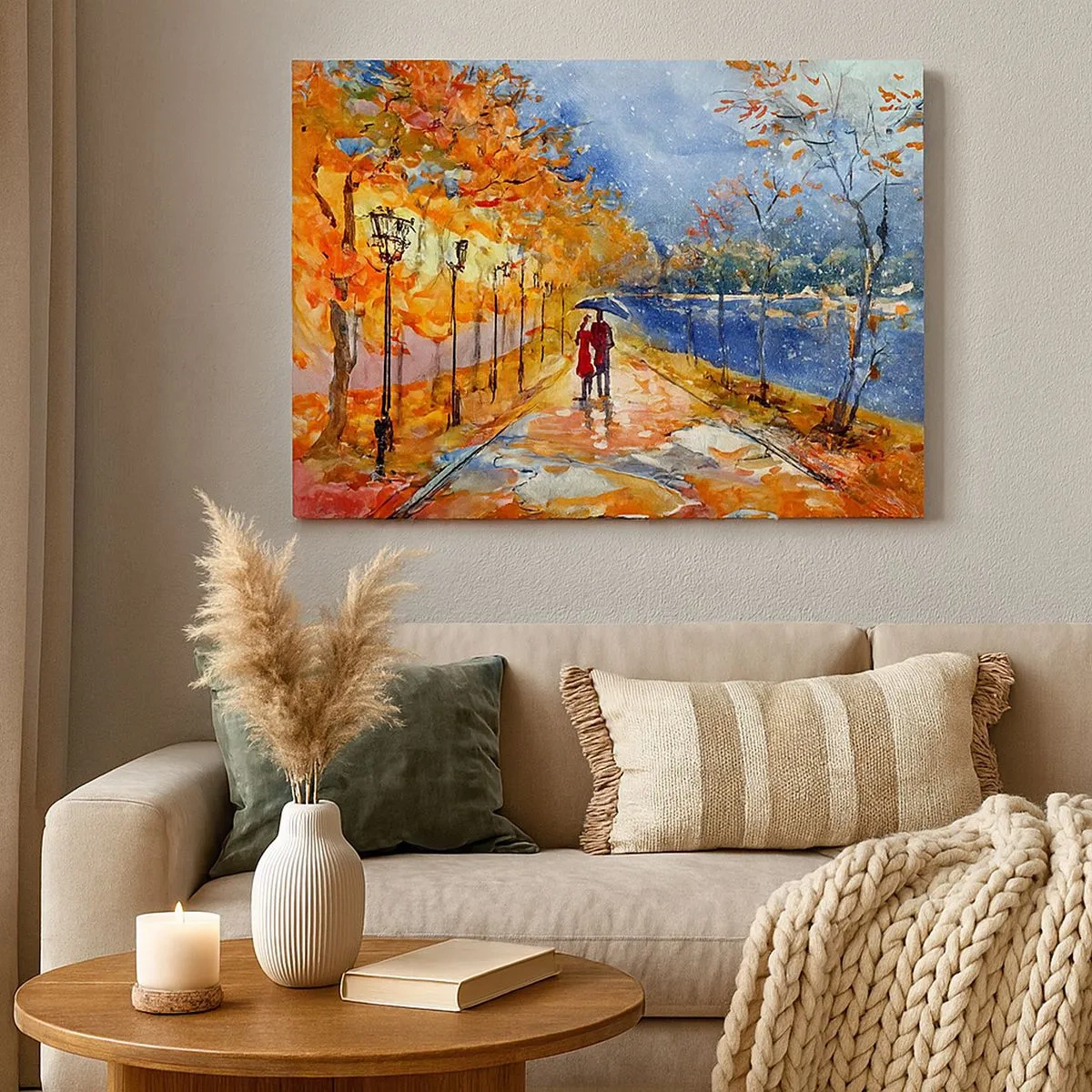 Quadro em tela - Um passeio de outono no parque na margem do rio sob um guarda-chuva - 70x50cm - Juntos até ao limite do tempo - Decoração de parede moderna para a sala de estar e quarto ARTTOR