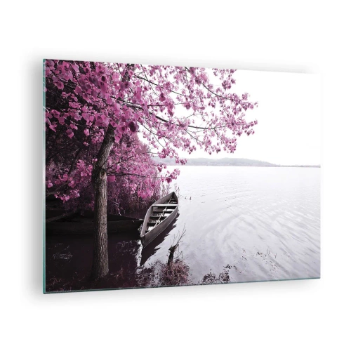 Quadro em vidro - Um barco na praia com uma árvore rosa sobre a água - 70x50cm - Em silêncio cor-de-rosa - Decoração de parede moderna para a sala de estar e quarto ARTTOR