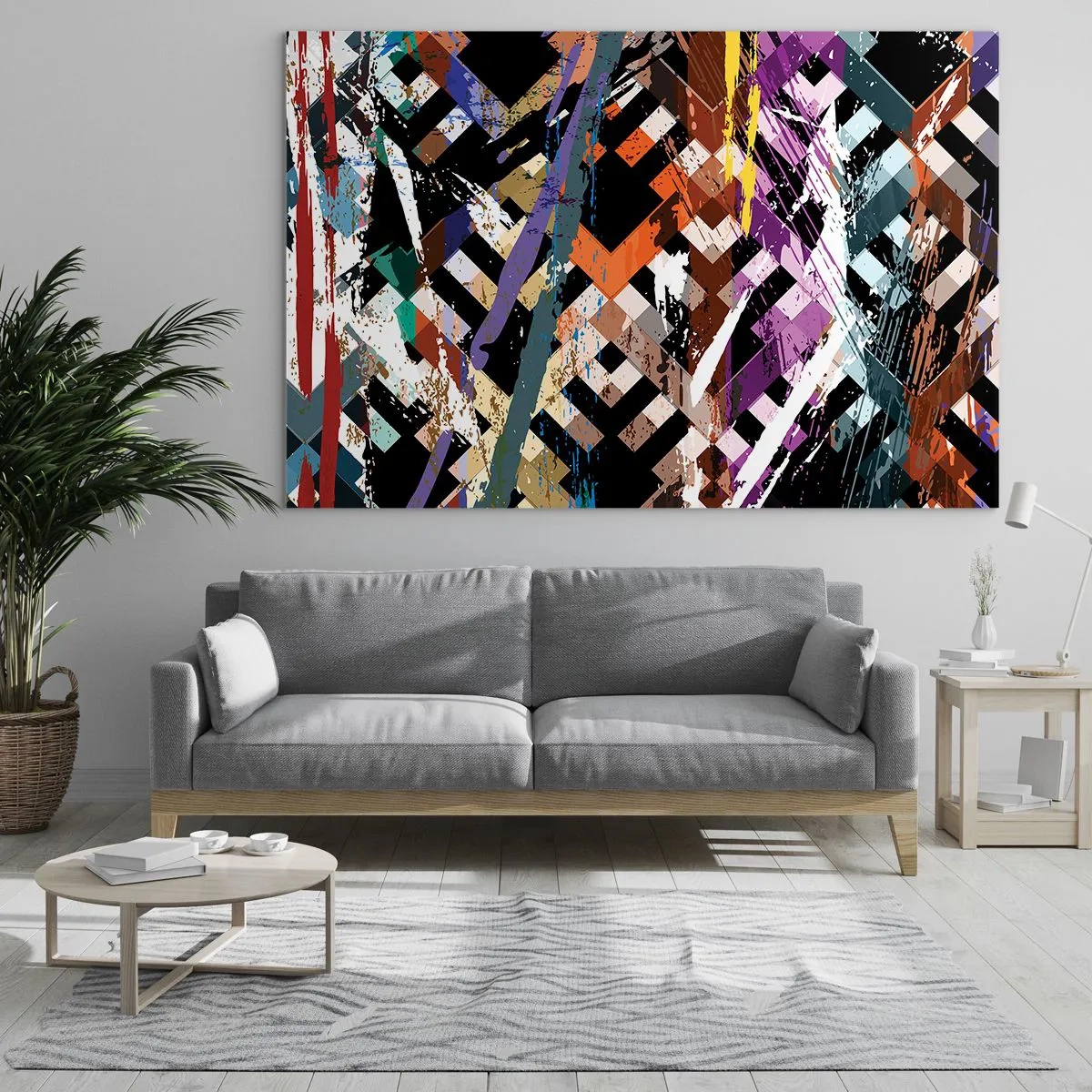 Quadro em vidro - Uma composição abstrata com padrões geométricos e cores intensas. - 70x50cm - Ao quadrado - Decoração de parede moderna para a sala de estar e quarto ARTTOR