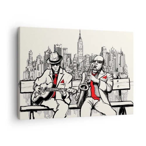 Quadro em tela - Uma dupla de jazz com saxofone e guitarra tendo como pano de fundo a cidade - 70x50cm - Improvisação nova-iorquina - Decoração de parede moderna para a sala de estar e quarto ARTTOR