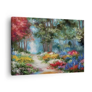 Quadro em tela - Um jardim pitoresco cheio de flores e árvores coloridas em um cenário de floresta - 70x50cm - Jardim florestal, floresta florida - Decoração de parede moderna para a sala de estar e quarto ARTTOR