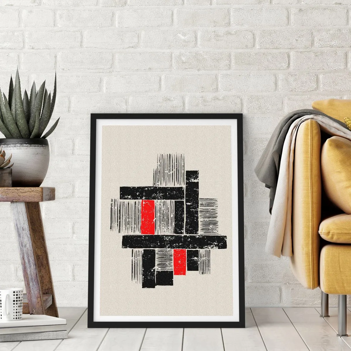 Pôster com moldura preta - Abstração geométrica em preto, vermelho e bege - 50x70cm - Vermelho e preto - Decoração de parede moderna para a sala de estar e quarto ARTTOR