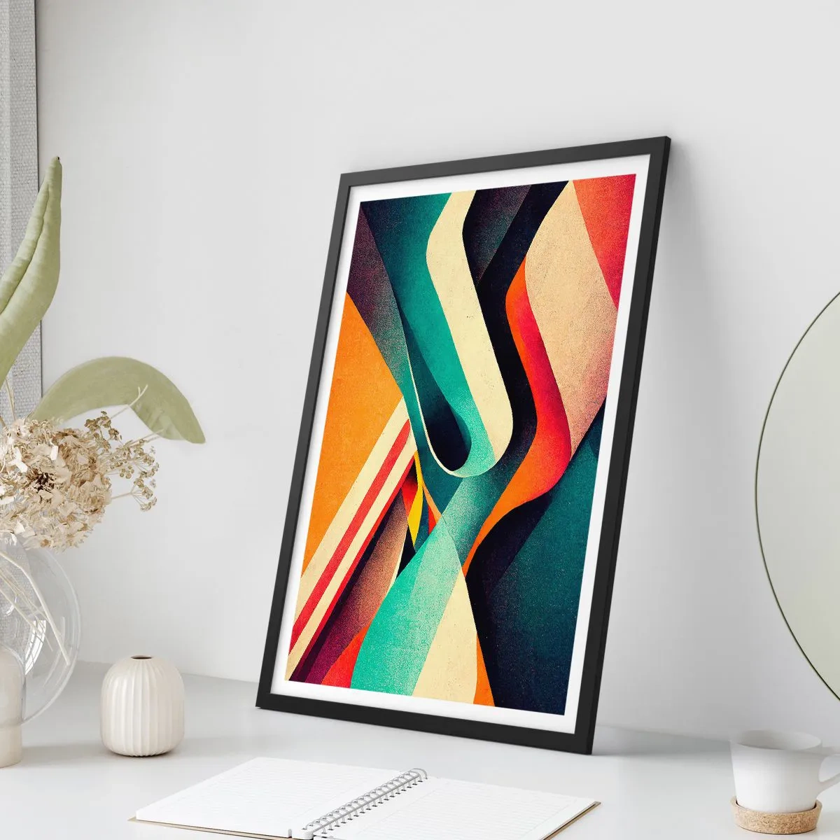 Pôster com moldura preta - Ondas abstratas em cores retrô vibrantes - 50x70cm - Composição intensa - Decoração de parede moderna para a sala de estar e quarto ARTTOR