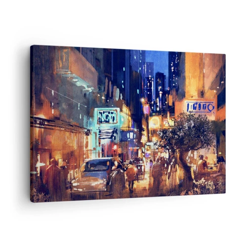 Quadro em tela - Paisagem urbana noturna no estilo impressionista - 70x50cm - E a cidade não dorme - Decoração de parede moderna para a sala de estar e quarto ARTTOR