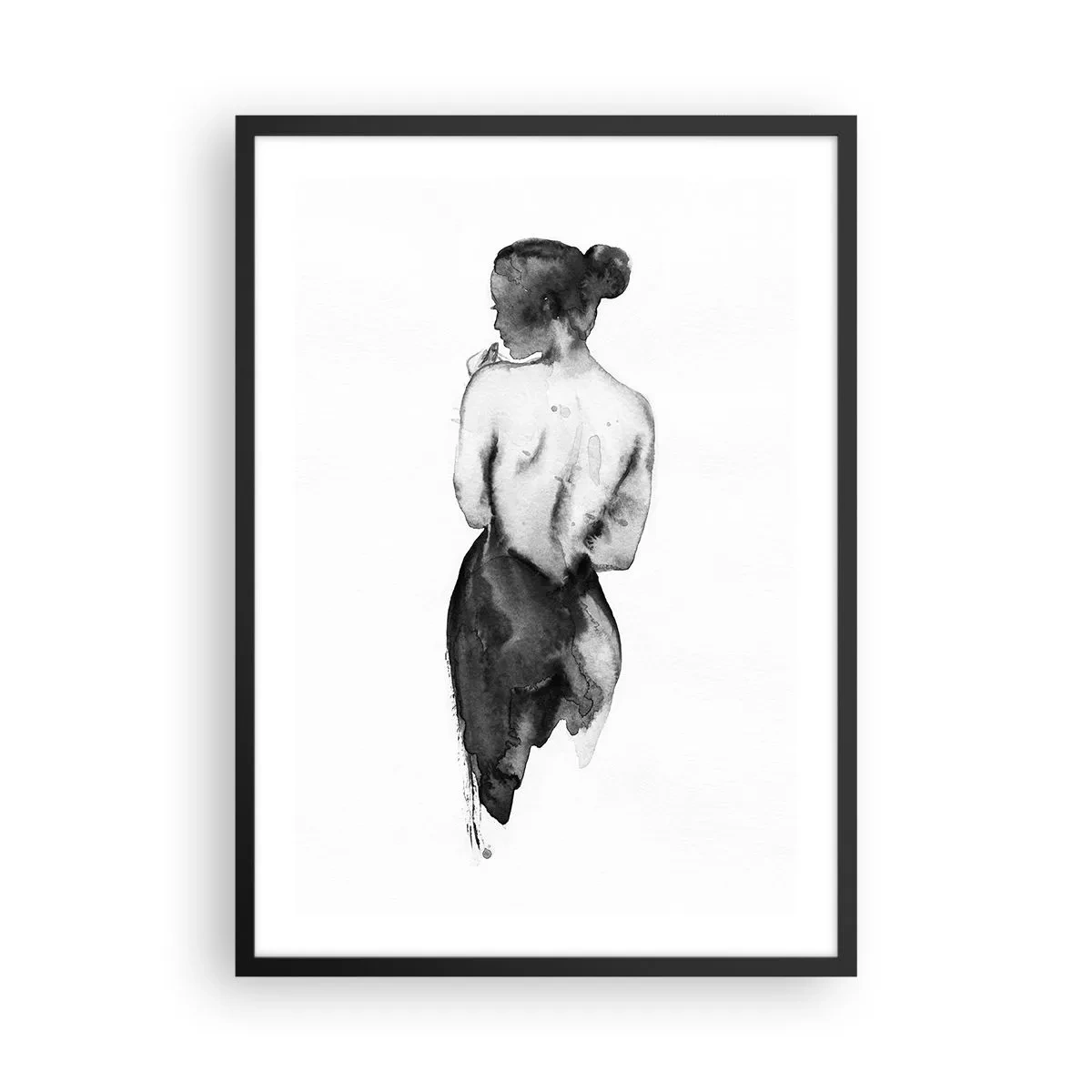 Pôster com moldura preta - Silhueta de uma mulher em aquarela preta sobre fundo branco - 50x70cm - Com ela, o mundo desaparece - Decoração de parede moderna para a sala de estar e quarto ARTTOR