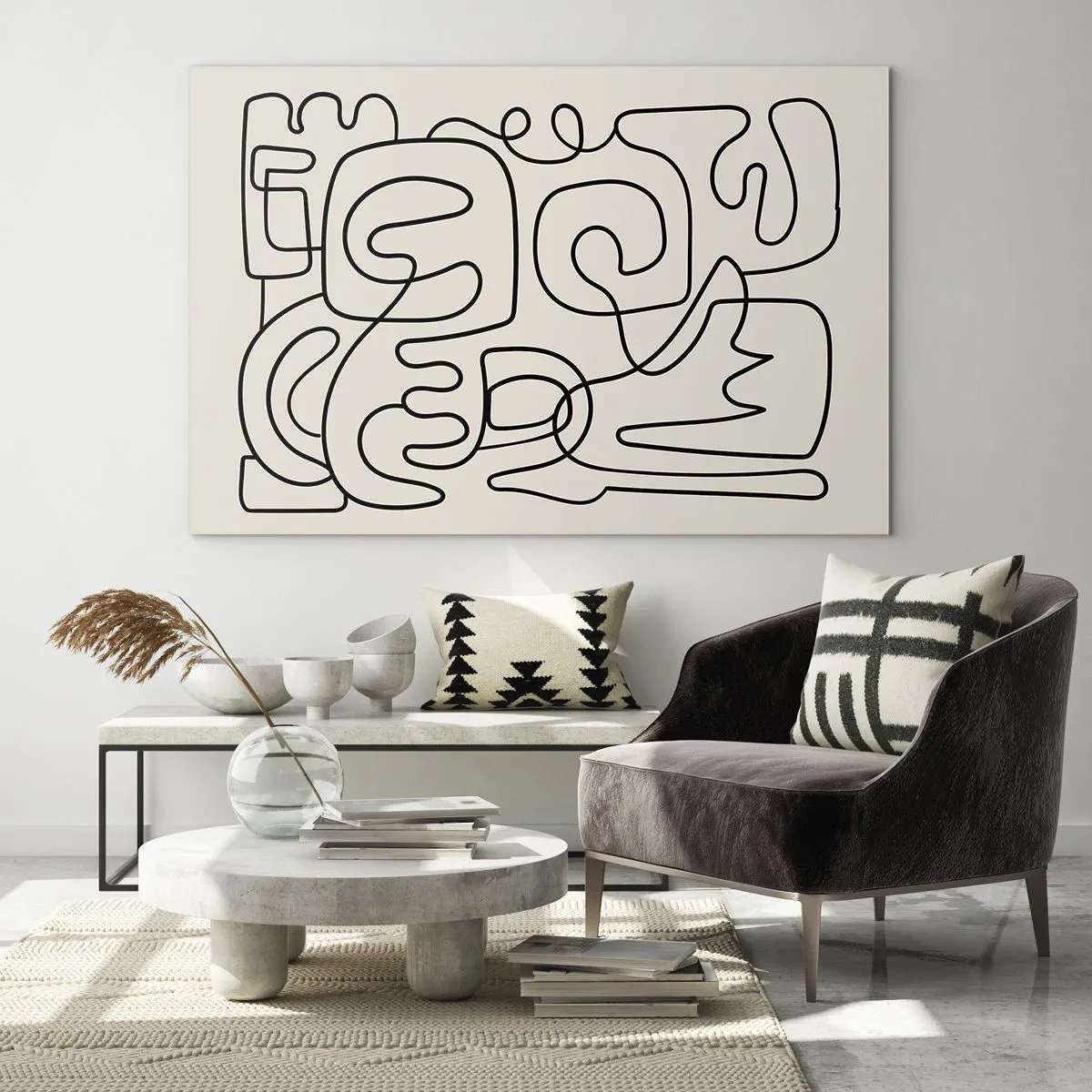 Quadro em vidro - Linhas abstratas pretas formam um padrão complexo em bege - 70x50cm - Na trilha - Decoração de parede moderna para a sala de estar e quarto ARTTOR