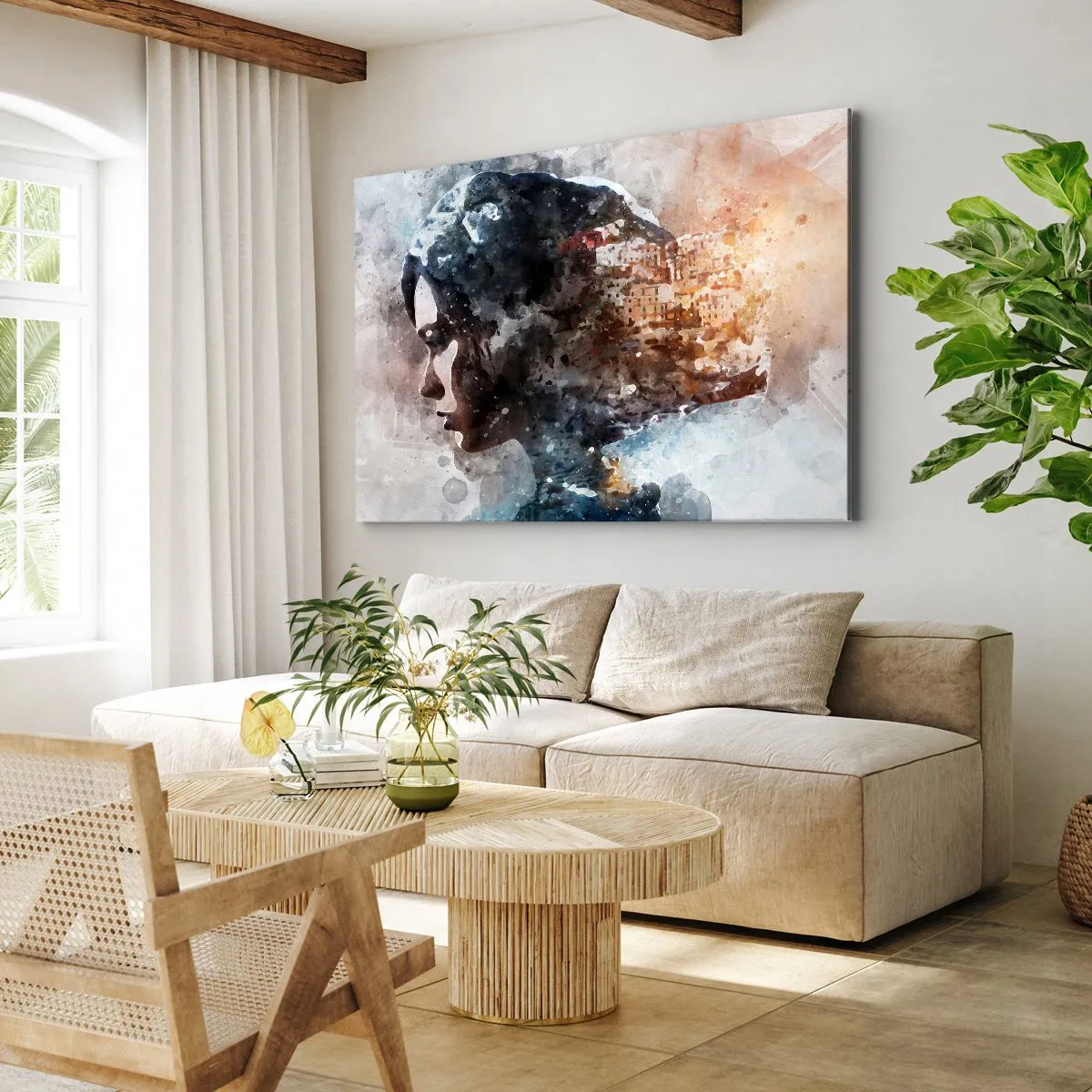 Quadro em tela - Retrato de uma mulher combinando seu rosto com uma paisagem urbana ao fundo - 70x50cm - Uma história sobre uma menina e uma cidade ao fundo - Decoração de parede moderna para a sala de estar e quarto ARTTOR