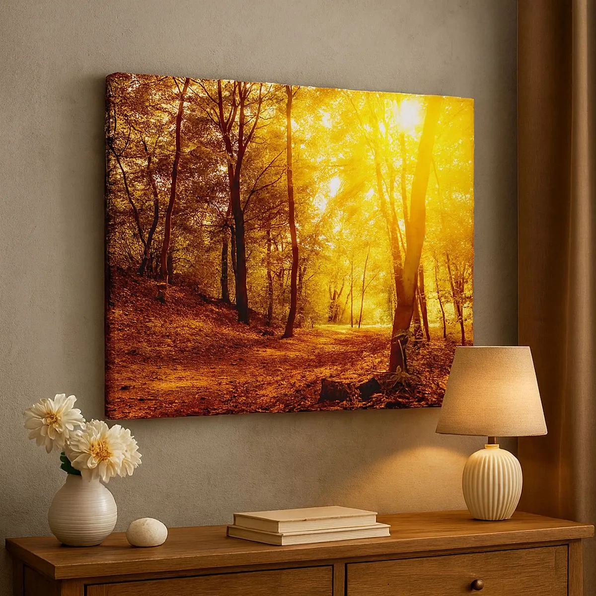 Quadro em tela - Clareira de outono sob luz dourada do sol com um caminho na floresta - 70x50cm - Rumo à clareira dourada - Decoração de parede moderna para a sala de estar e quarto ARTTOR