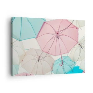 Quadro em tela - Guarda-chuvas em tons pastéis contra um céu claro - 70x50cm - Às vezes sol, às vezes chuva - Decoração de parede moderna para a sala de estar e quarto ARTTOR