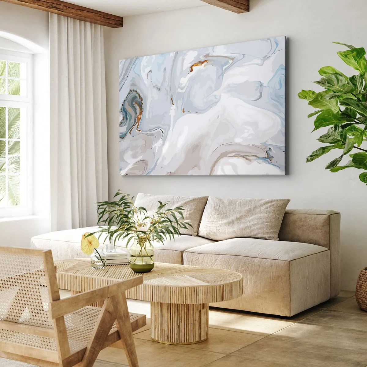Quadro em tela - Ondas abstratas em tons de azul e branco - 70x50cm - Branco elevado - Decoração de parede moderna para a sala de estar e quarto ARTTOR
