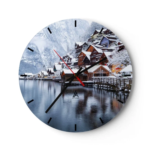 Relógio de parede - Relógio em vidro - Paisagem montanhosa de inverno com chalés à beira do lago - 30x30cm - Na decoração de inverno - Decoração de parede moderna para a sala de estar, cozinha e quarto ARTTOR