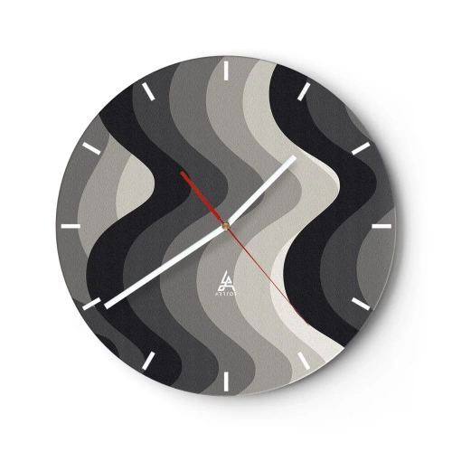 Relógio de parede - Relógio em vidro - Listras onduladas em tons de cinza e preto no layout gráfico - 30x30cm - Onda após onda - Decoração de parede moderna para a sala de estar, cozinha e quarto ARTTOR