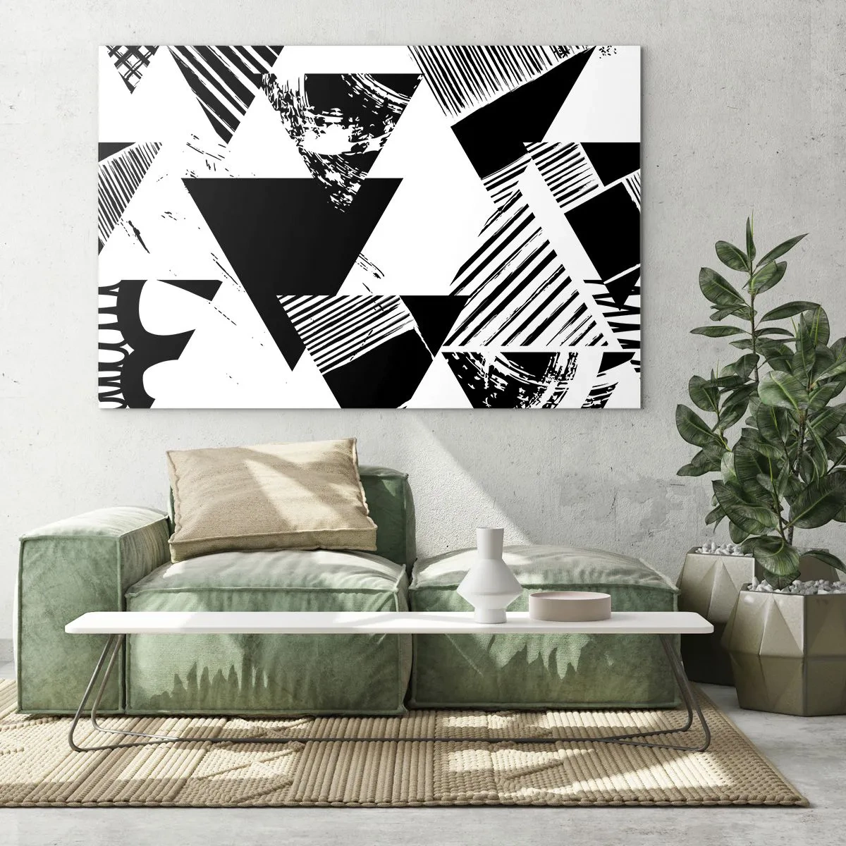 Quadro em vidro - Padrões geométricos em preto e branco com motivos triangulares - 70x50cm - Chuva de triângulos - Decoração de parede moderna para a sala de estar e quarto ARTTOR