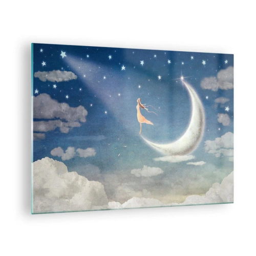 Quadro em vidro - Uma mulher com um vestido esvoaçante em pé na lua em um céu estrelado. - 70x50cm - O encanto azul - Decoração de parede moderna para a sala de estar e quarto ARTTOR