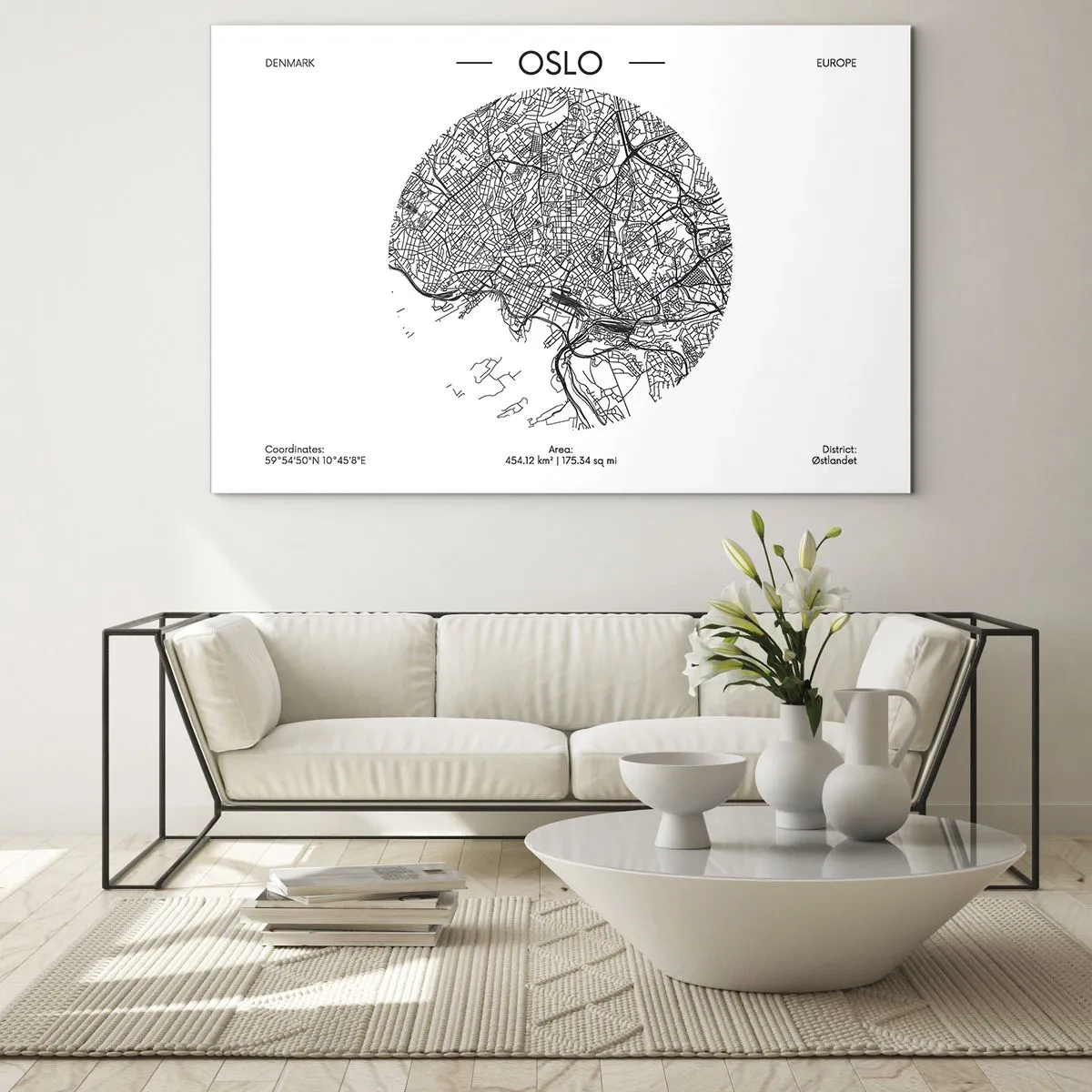 Quadro em vidro - Mapa da cidade de Oslo em estilo gráfico em preto e branco - 70x50cm - Anatomia de Oslo - Decoração de parede moderna para a sala de estar e quarto ARTTOR
