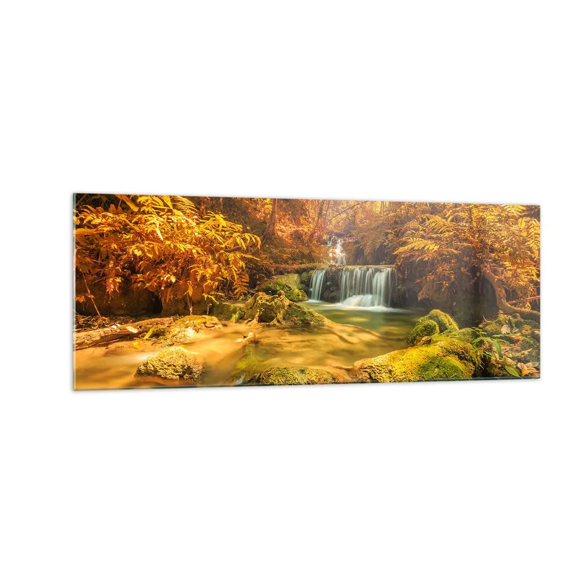 Quadro em vidro - Cascata na floresta em ouro - 140x50 cm