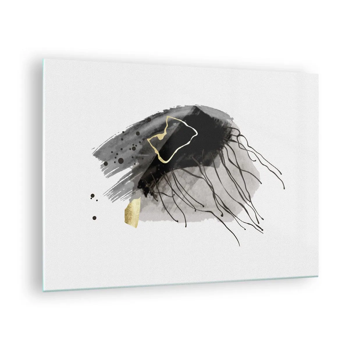 Quadro em vidro - Composição abstrata de preto e dourado sobre fundo branco - 70x50cm - A preto e dourado - Decoração de parede moderna para a sala de estar e quarto ARTTOR
