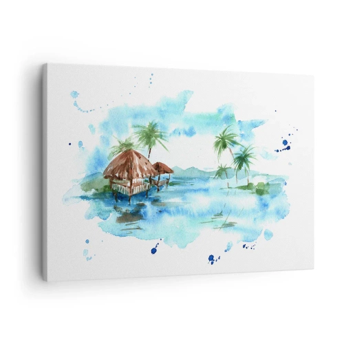 Quadro em tela - Pintura em aquarela de uma paisagem tropical com casas e palmeiras - 70x50cm - Algures no Pacífico - Decoração de parede moderna para a sala de estar e quarto ARTTOR