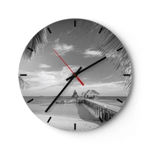 Relógio de parede - Relógio em vidro - Um píer preto e branco com um mirante no oceano e palmeiras no quadro. - 30x30cm - Memória ou sonho? - Decoração de parede moderna para a sala de estar, cozinha e quarto ARTTOR