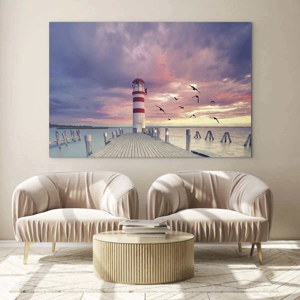 Quadro em vidro - Farol no cais ao pôr do sol com pássaros voando - 70x50cm - Hora de ir ao porto - Decoração de parede moderna para a sala de estar e quarto ARTTOR