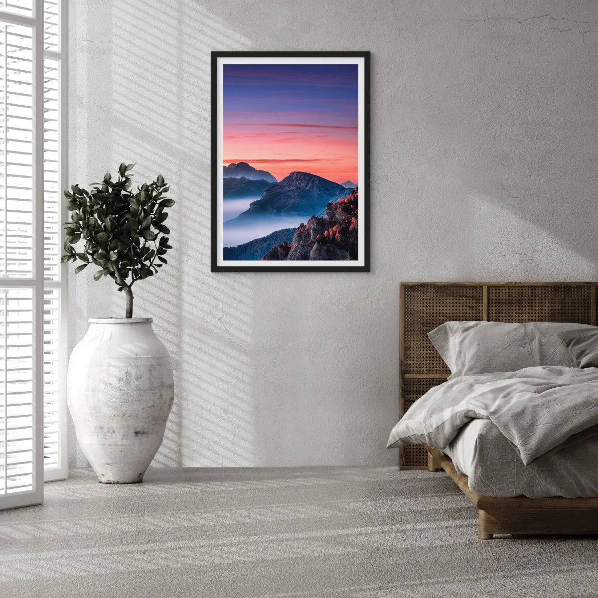 Pôster com moldura preta - Paisagem pitoresca de montanha ao pôr do sol - 50x70cm - Acima dos vales - Decoração de parede moderna para a sala de estar e quarto ARTTOR