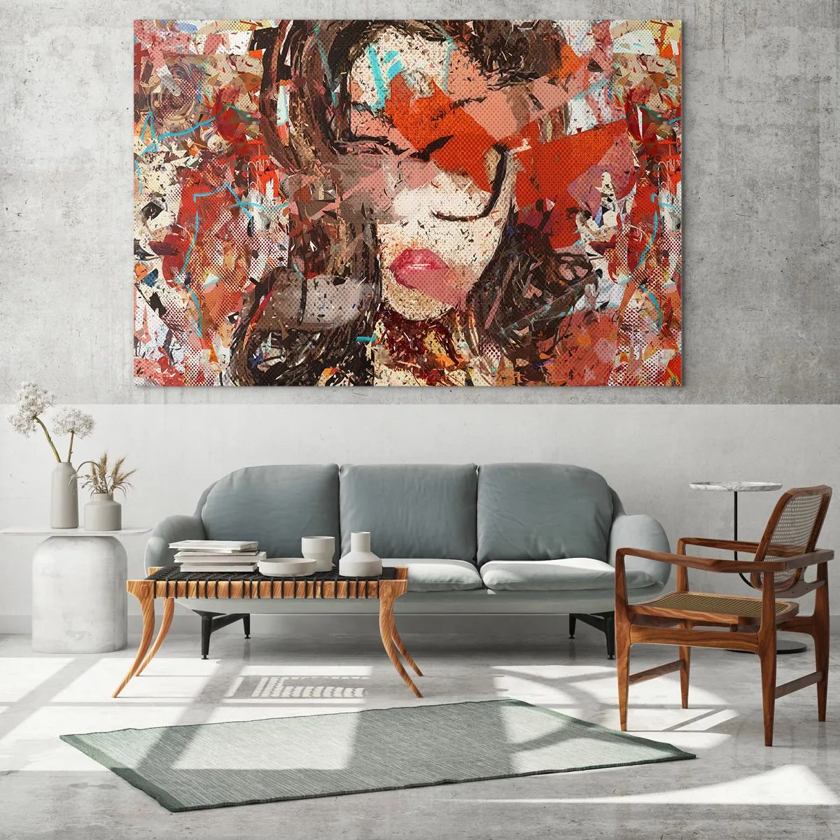 Quadro em vidro - Retrato abstrato de uma mulher em tons de vermelho e bege - 70x50cm - Ninguém realmente me conhece  - Decoração de parede moderna para a sala de estar e quarto ARTTOR