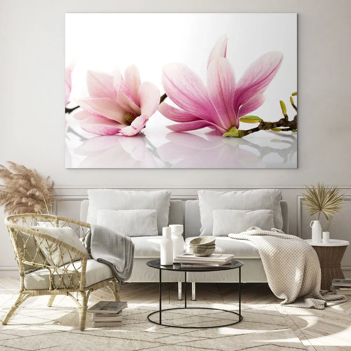 Quadro em vidro - Delicadas flores de magnólia em um fundo branco - 70x50cm - Suave como um sopro de primavera - Decoração de parede moderna para a sala de estar e quarto ARTTOR