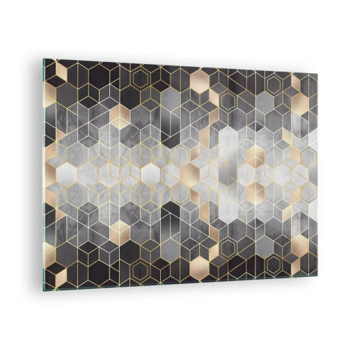 Quadro em vidro - Padrão geométrico de hexágonos em linhas douradas - 70x50cm - Composição do diamante - Decoração de parede moderna para a sala de estar e quarto ARTTOR