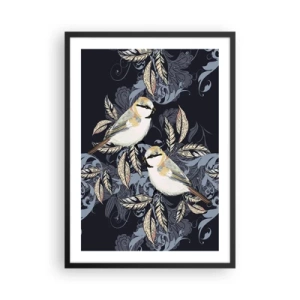 Pôster com moldura preta - Dois pássaros contra um fundo de folhas decorativas e ornamentos - 50x70cm - Canto amarelo-azul - Decoração de parede moderna para a sala de estar e quarto ARTTOR