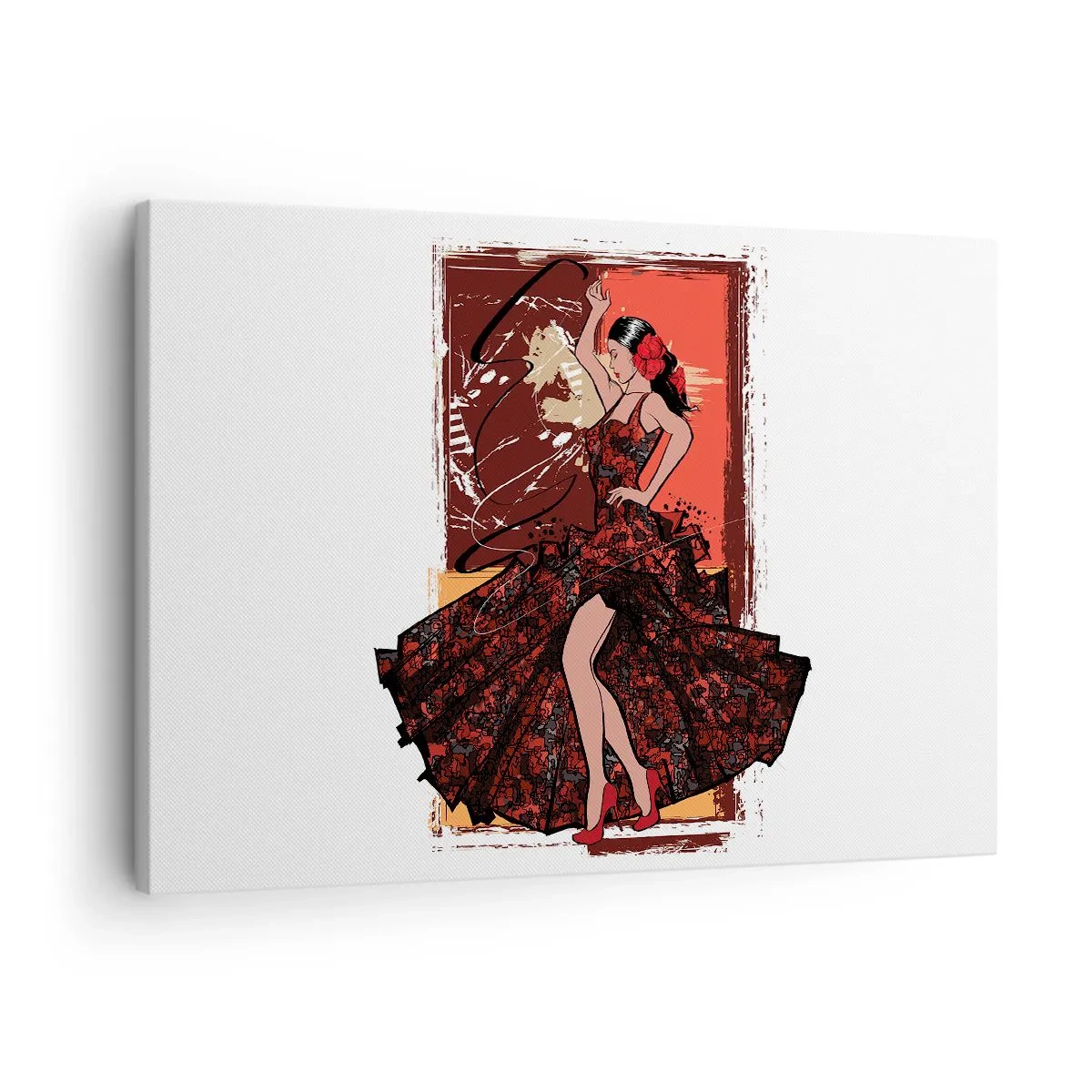 Quadro em tela - Uma dançarina com um vestido vermelho e preto sobre um fundo artístico - 70x50cm - No ritmo do coração - Decoração de parede moderna para a sala de estar e quarto ARTTOR