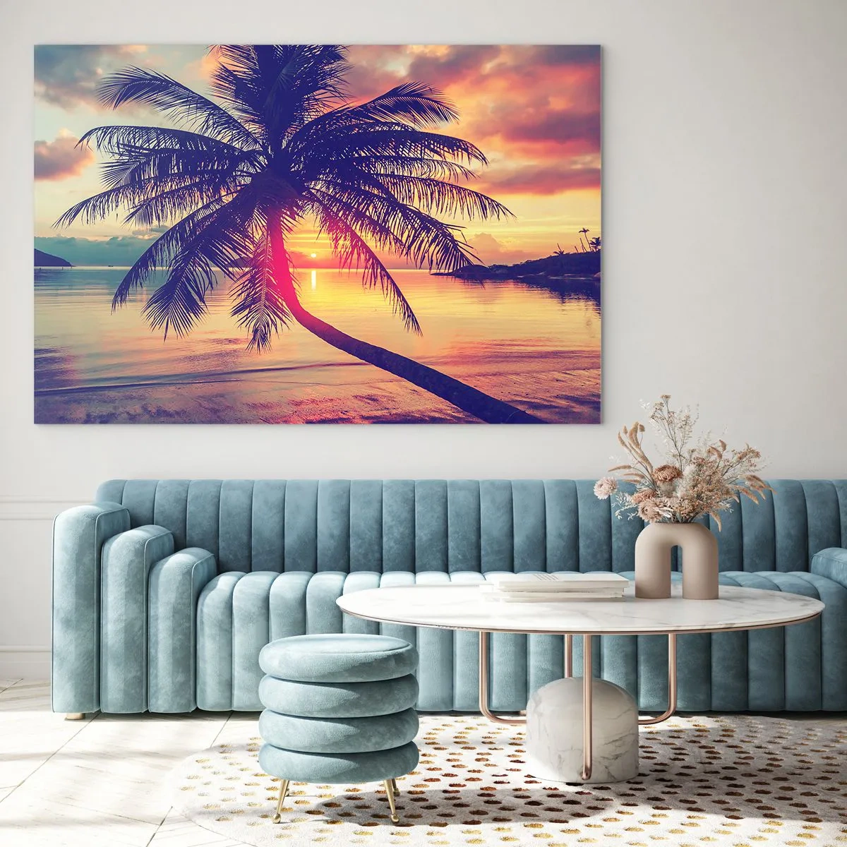 Quadro em vidro - Palmeira ao pôr do sol sobre um mar calmo - 70x50cm - Uma noite sob as palmeiras - Decoração de parede moderna para a sala de estar e quarto ARTTOR