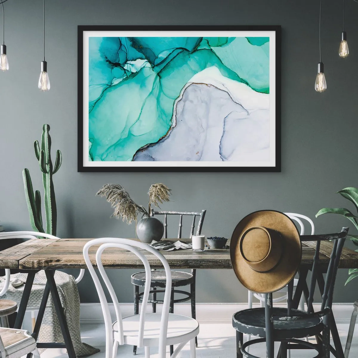 Pôster com moldura preta - Estudo em turquesa - 91x61 cm