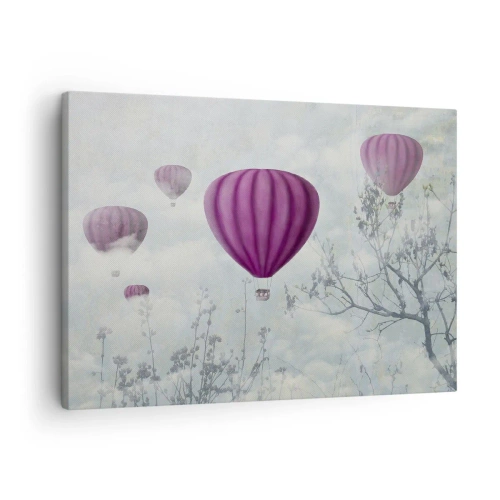 Quadro em tela - Balões roxos flutuando acima das árvores nas nuvens - 70x50cm - Como navios no céu - Decoração de parede moderna para a sala de estar e quarto ARTTOR